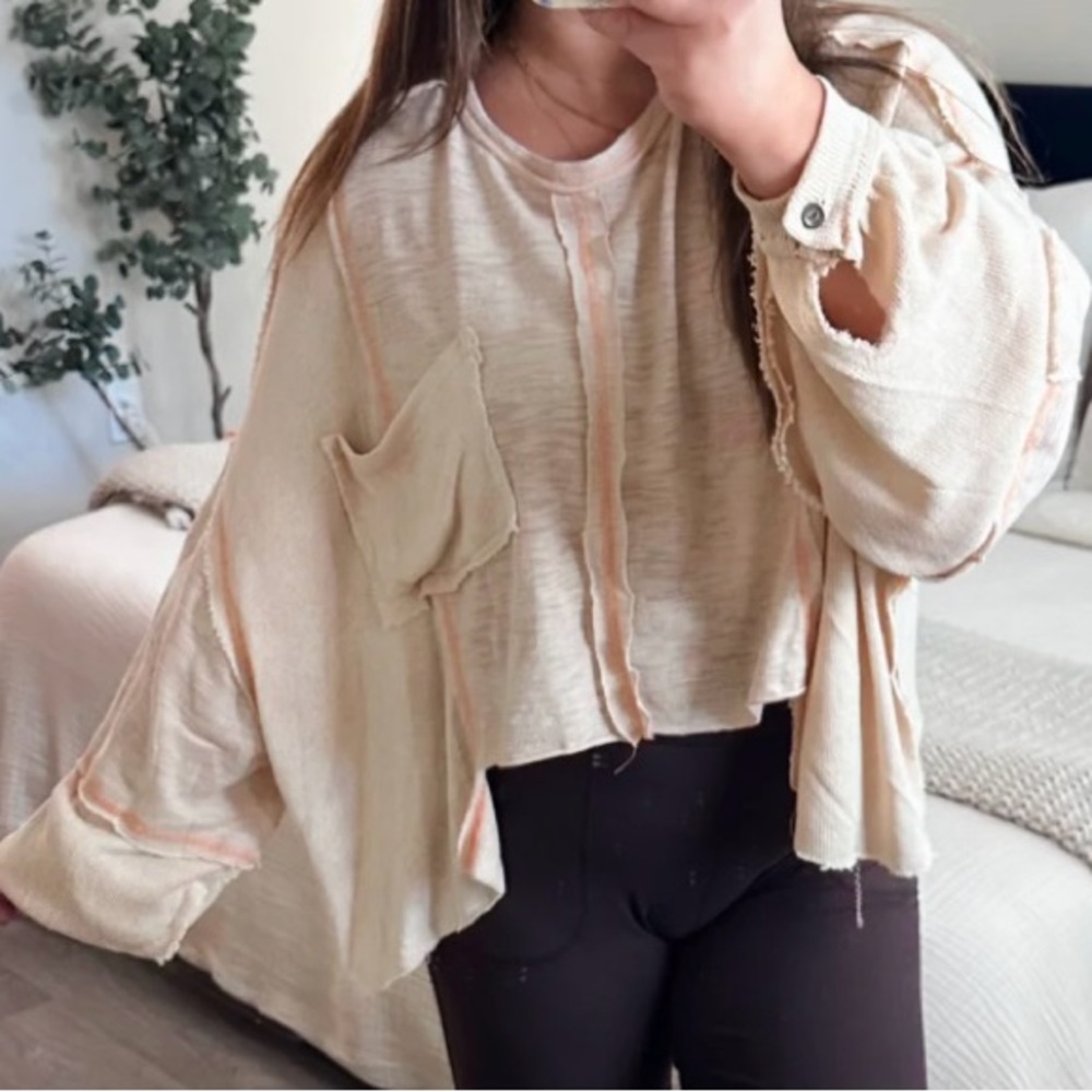 POL Cream and Orange Textured Top